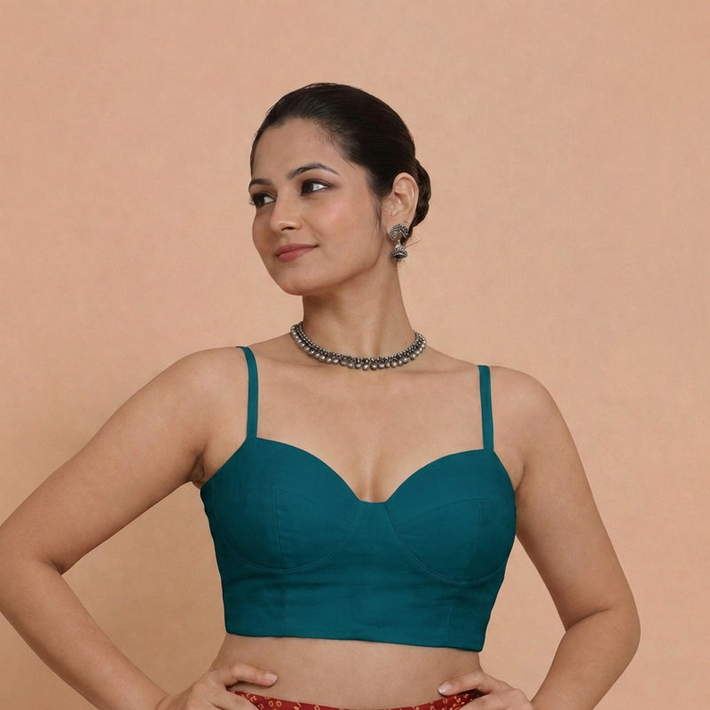 Vamika x Rozaana | Sweetheart Neck Crystal Teal Solid Viscose Saree Blouse-Binks