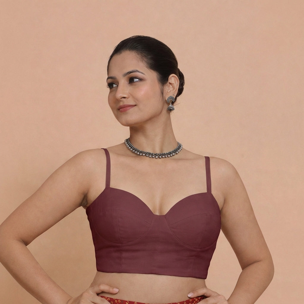 Vamika x Rozaana Saree Blouse, in Maroon 80% Viscose 20% Polyester, featuring sleeveless and sweetheart neckline.