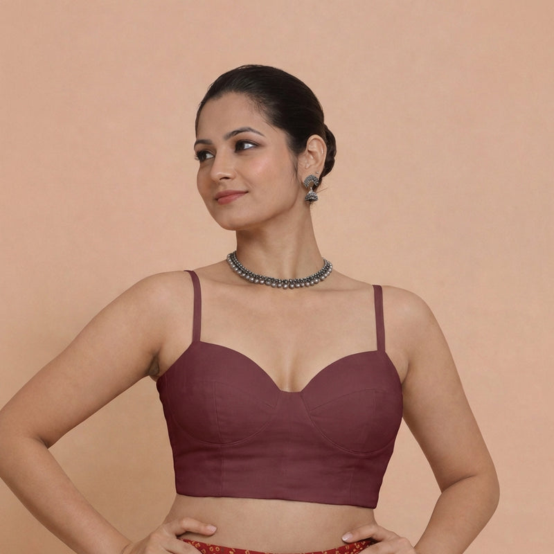 Vamika x Tyohaar | Sweetheart Neck Deep Maroon Solid Viscose Saree Blouse-Binks