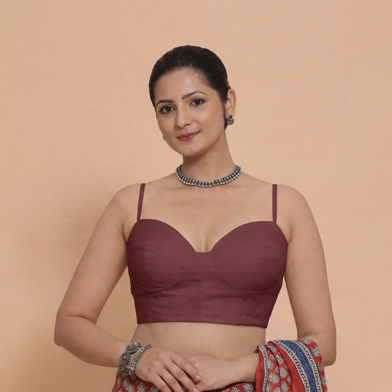 Vamika x Tyohaar | Sweetheart Neck Deep Maroon Solid Viscose Saree Blouse-Binks