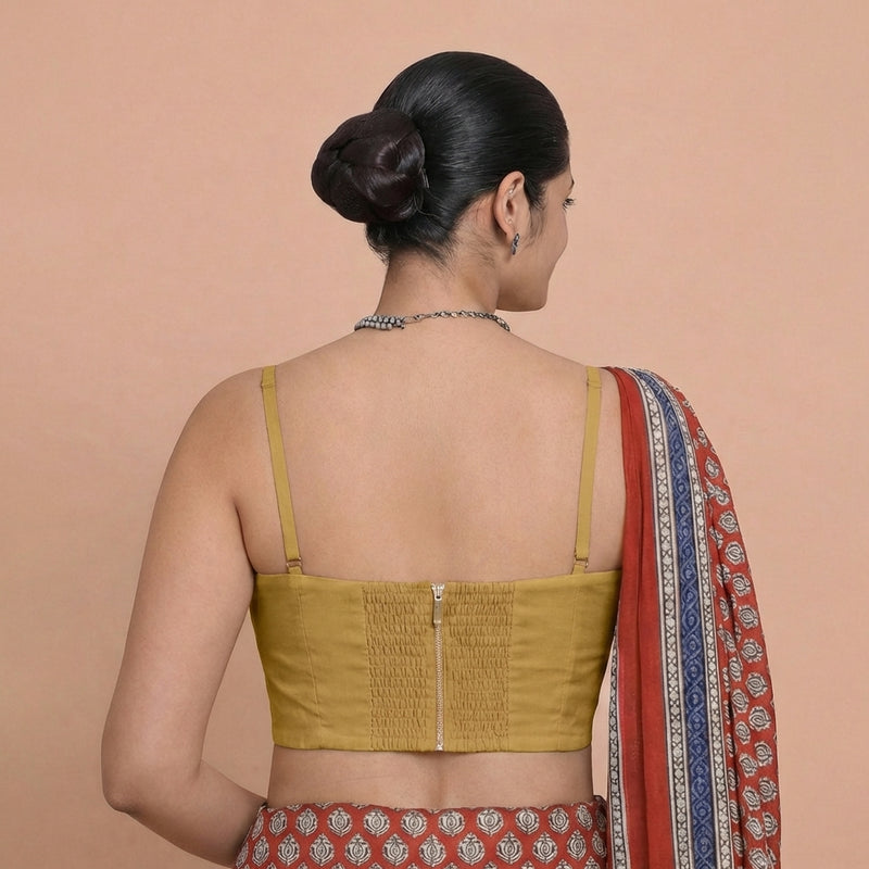 Vamika x Rozaana | Sweetheart Neck Dijon Mustard Solid Viscose Saree Blouse-Binks