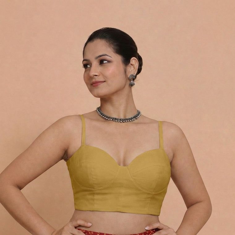 Vamika x Rozaana Saree Blouse, in Yellow 80% Viscose 20% Polyester, featuring sleeveless and sweetheart neckline (view 3).