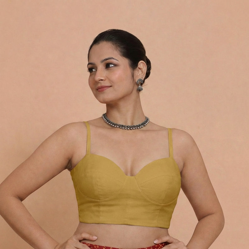 Vamika x Rozaana | Sweetheart Neck Dijon Mustard Solid Viscose Saree Blouse-Binks