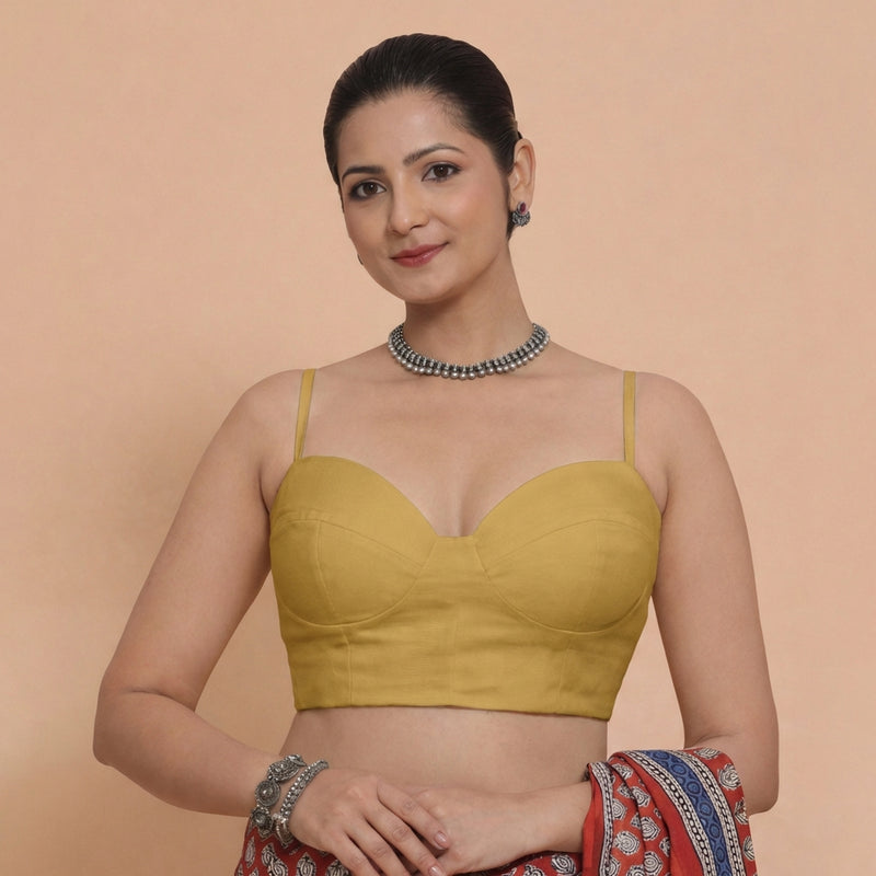 Vamika x Tyohaar | Sweetheart Neck Dijon Mustard Solid Viscose Saree Blouse-Binks