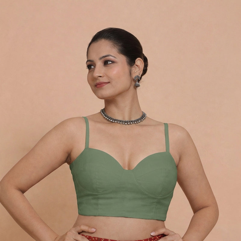 Vamika x Tyohaar | Sweetheart Neck Hunter Green Solid Viscose Saree Blouse-Binks