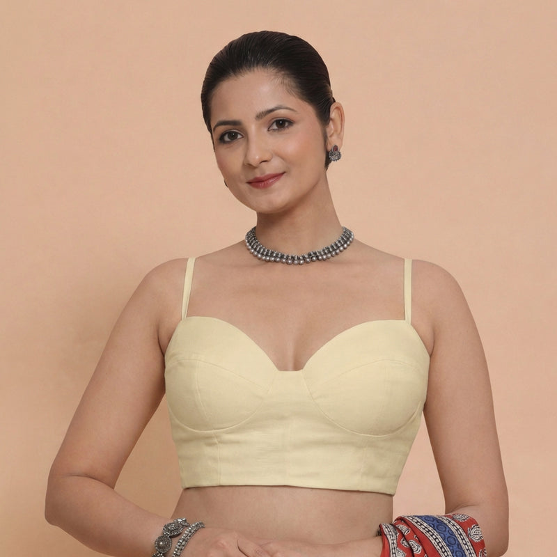 Vamika x Tyohaar | Sweetheart Neck Ivory Solid Viscose Saree Blouse-Binks