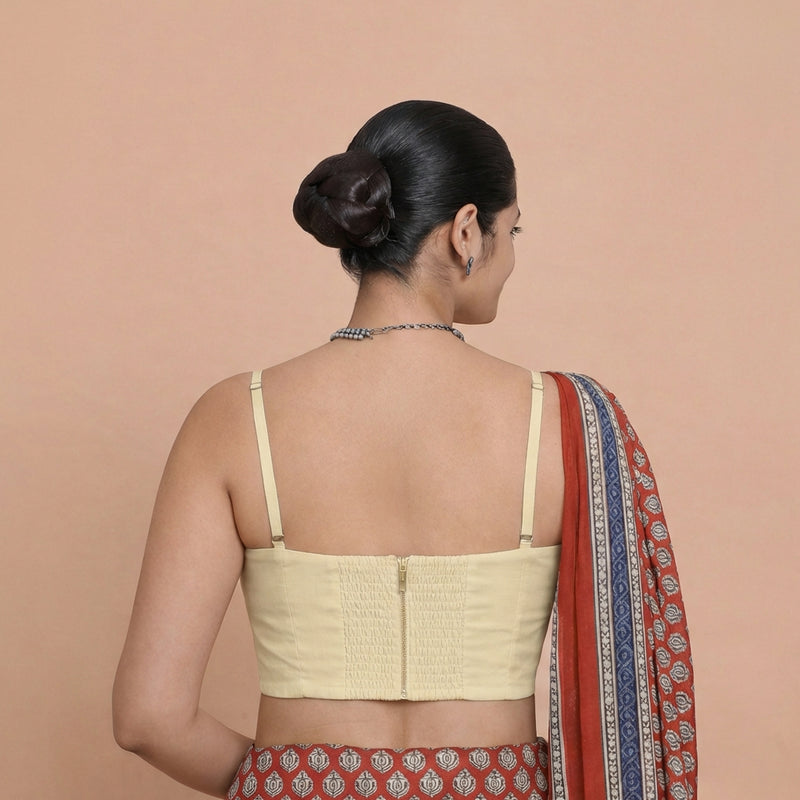 Vamika x Tyohaar | Sweetheart Neck Ivory Solid Viscose Saree Blouse-Binks