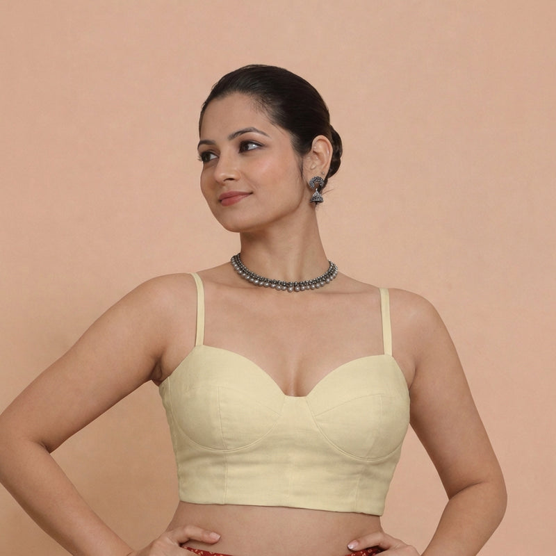 Vamika x Tyohaar | Sweetheart Neck Ivory Solid Viscose Saree Blouse-Binks
