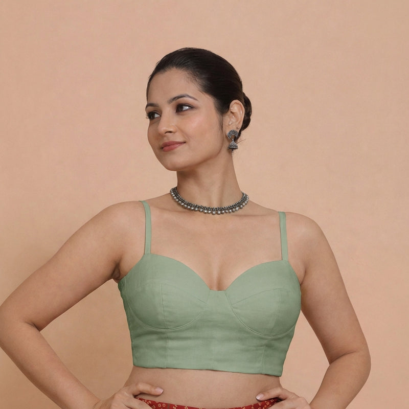 Vamika x Tyohaar | Sweetheart Neck Mint Green Solid Viscose Saree Blouse-Binks