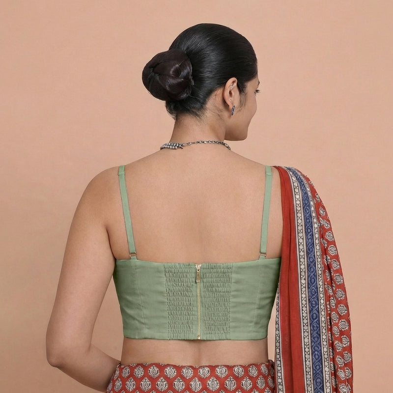 Vamika x Rozaana | Sweetheart Neck Mint Green Solid Viscose Saree Blouse-Binks
