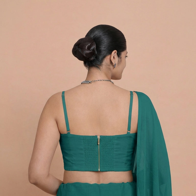 Vamika x Tyohaar | Sweetheart Neck Peacock Green Solid Viscose Saree Blouse-Binks