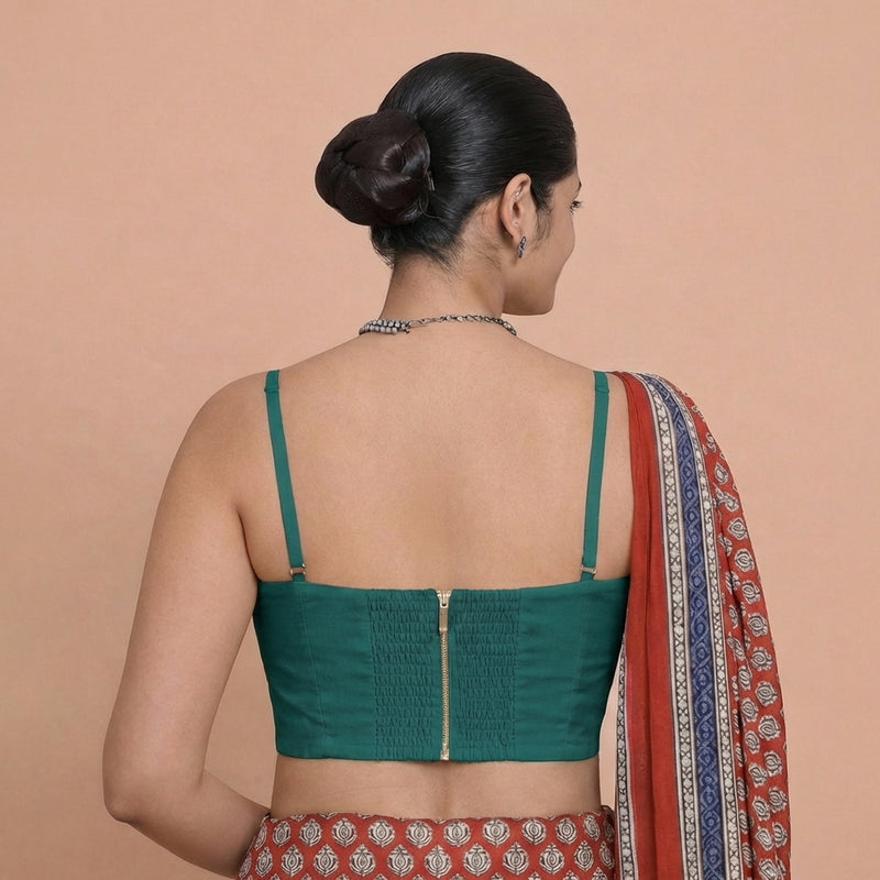 Vamika x Rozaana | Sweetheart Neck Peacock Green Solid Viscose Saree Blouse-Binks