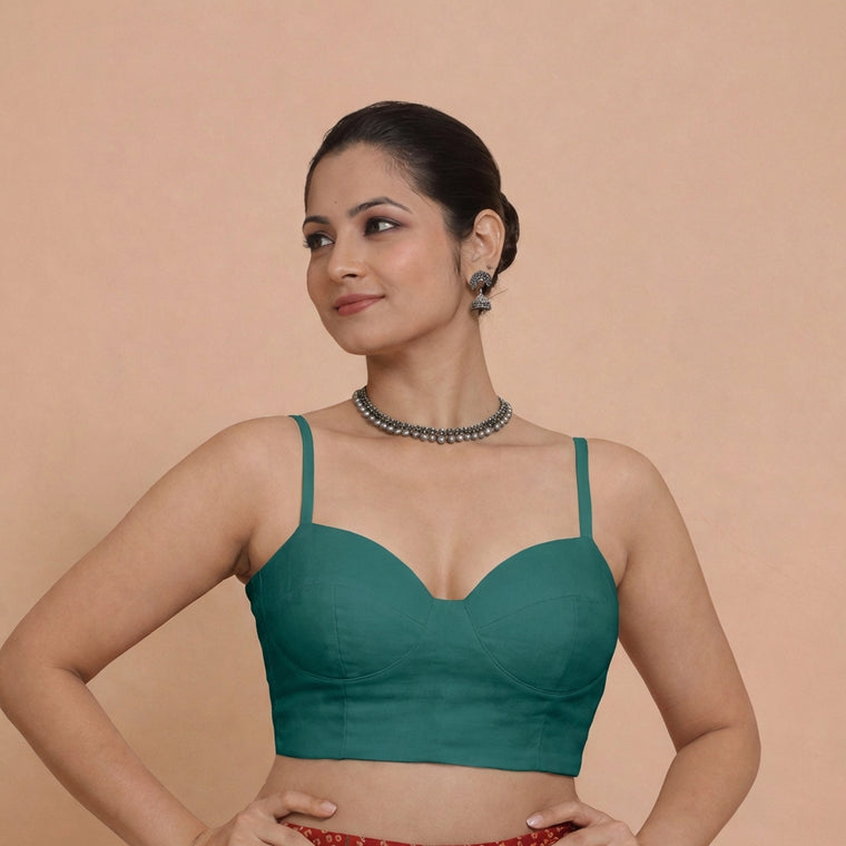 Vamika x Rozaana Saree Blouse, in Green 80% Viscose 20% Polyester, featuring sleeveless and sweetheart neckline (view 3).