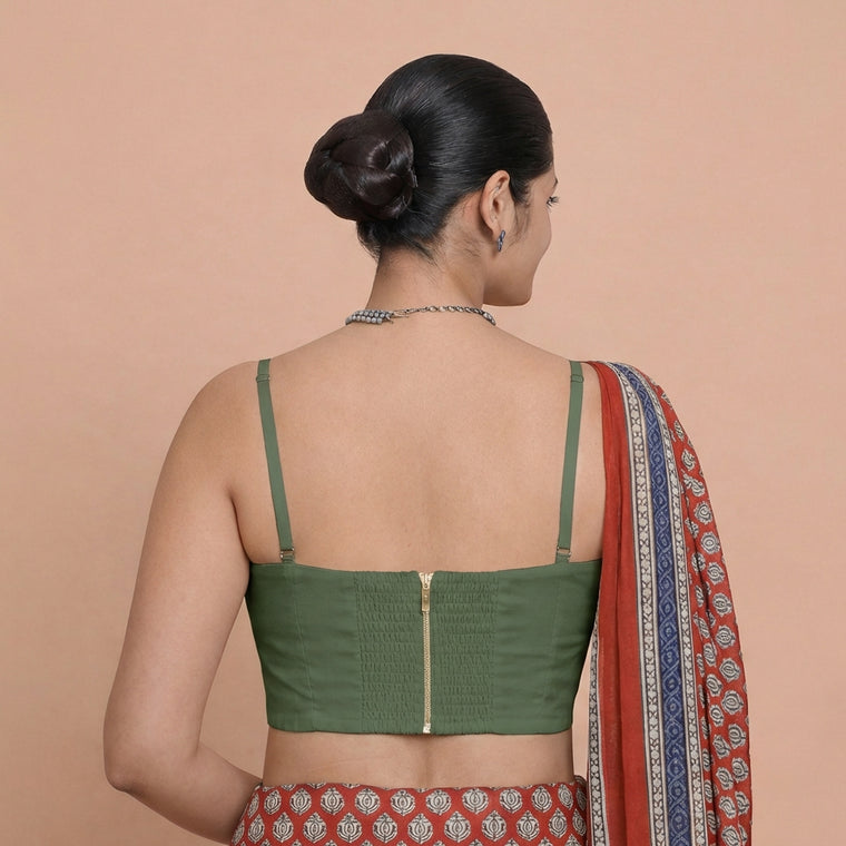 Vamika x Rozaana Saree Blouse, in Green 80% Viscose 20% Polyester, featuring sleeveless and sweetheart neckline (view 2).