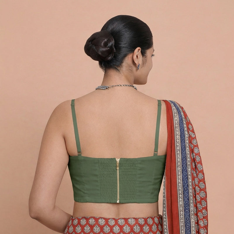 Vamika x Tyohaar | Sweetheart Neck Pine Green Solid Viscose Saree Blouse-Binks