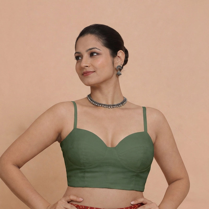 Vamika x Tyohaar | Sweetheart Neck Pine Green Solid Viscose Saree Blouse-Binks