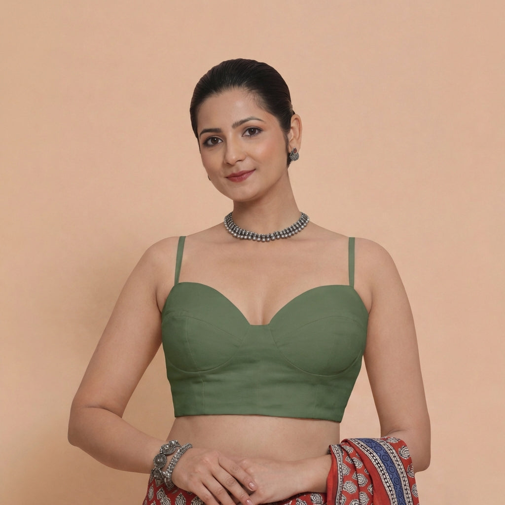 Vamika x Rozaana Saree Blouse, in Green 80% Viscose 20% Polyester, featuring sleeveless and sweetheart neckline (view 4).