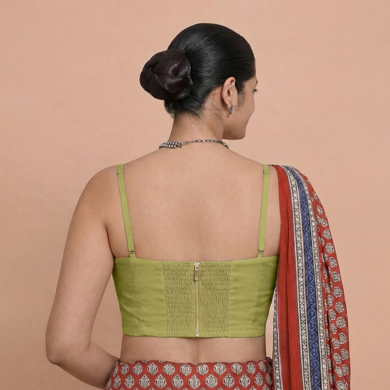 Vamika x Rozaana | Sweetheart Neck Pista Green Solid Viscose Saree Blouse-Binks