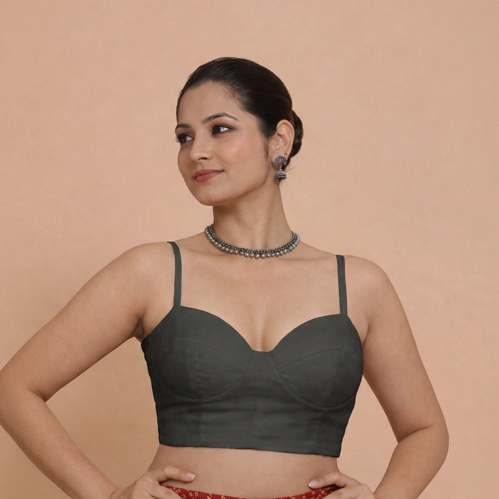 Vamika x Rozaana | Sweetheart Neck Raven Black Solid Viscose Saree Blouse