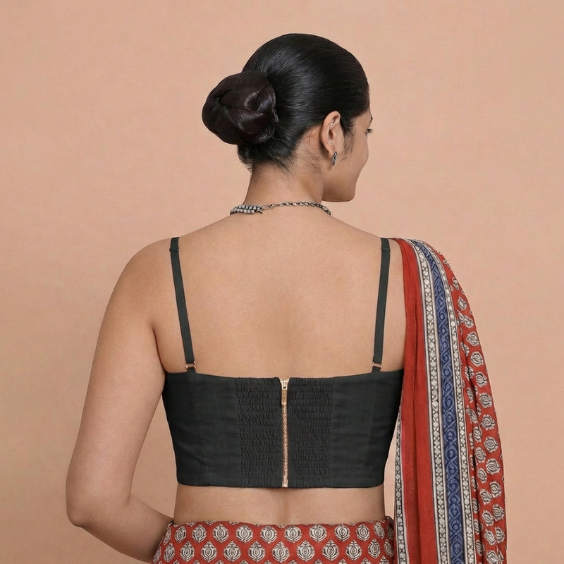 Vamika x Rozaana | Sweetheart Neck Raven Black Solid Viscose Saree Blouse-Binks