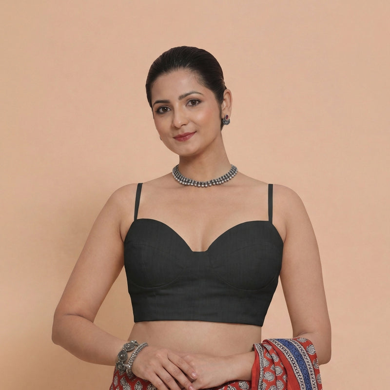 Vamika x Tyohaar | Sweetheart Neck Raven Black Solid Viscose Saree Blouse-Binks