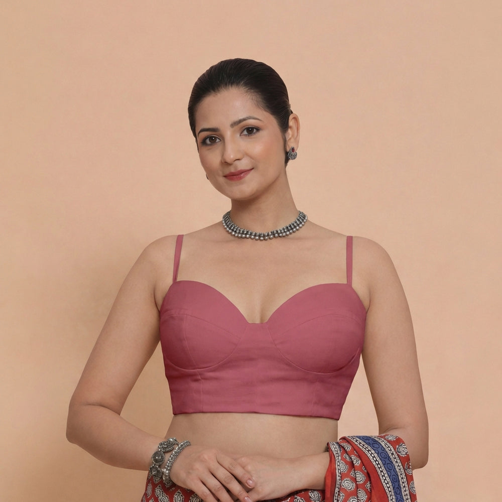 Vamika x Rozaana | Sweetheart Neck Rose Pink Solid Viscose Saree Blouse