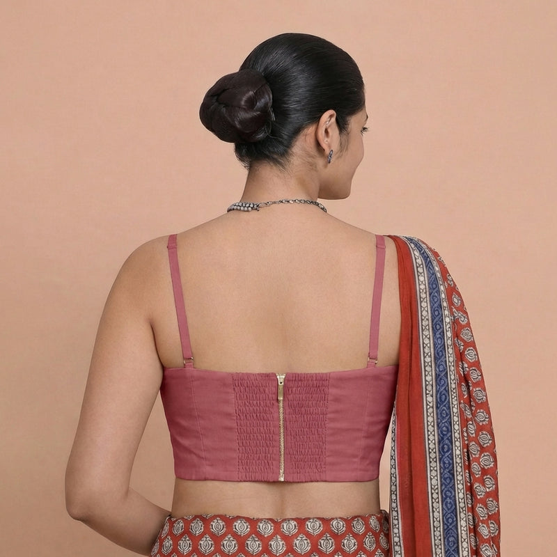 Vamika x Rozaana | Sweetheart Neck Rose Pink Solid Viscose Saree Blouse-Binks