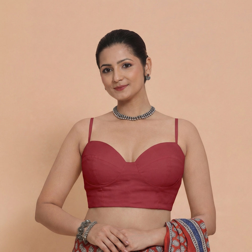 Vamika x Rozaana | Sweetheart Neck Scarlet Red Solid Viscose Saree Blouse