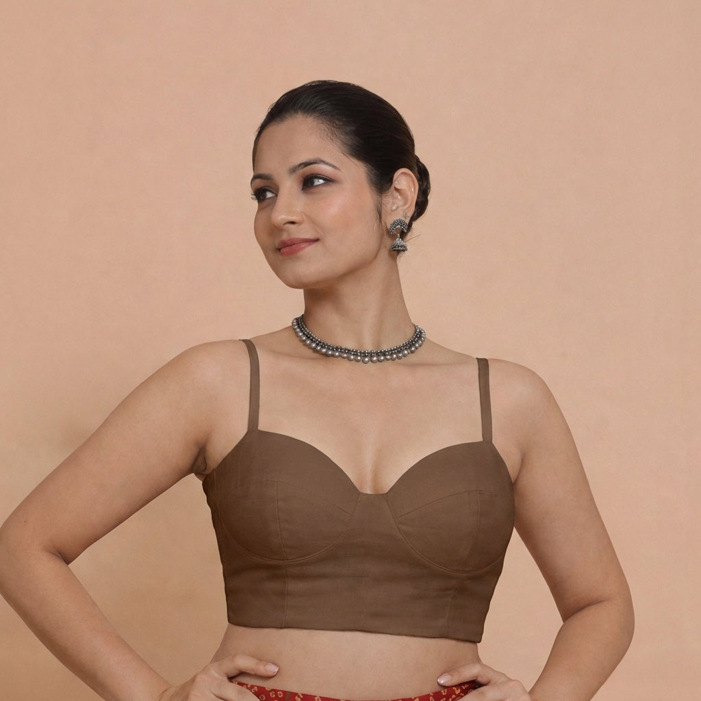 Vamika x Rozaana Saree Blouse, in Brown 80% Viscose 20% Polyester, featuring sleeveless and sweetheart neckline.