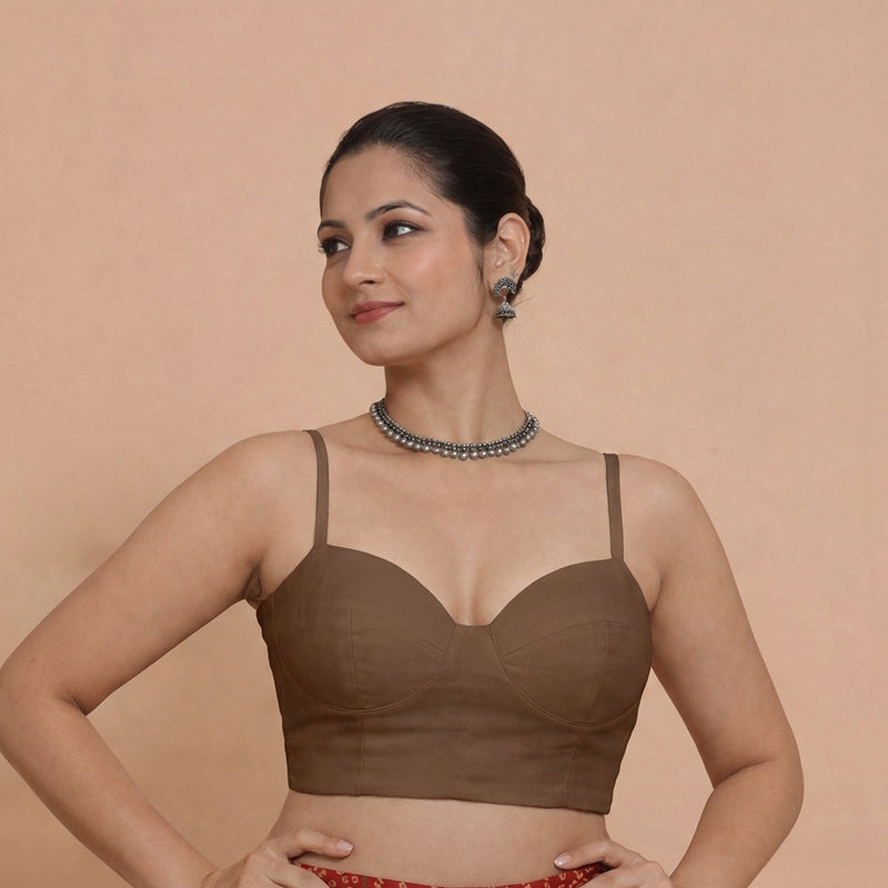 Vamika x Tyohaar | Sweetheart Neck Walnut Brown Solid Viscose Saree Blouse-Binks