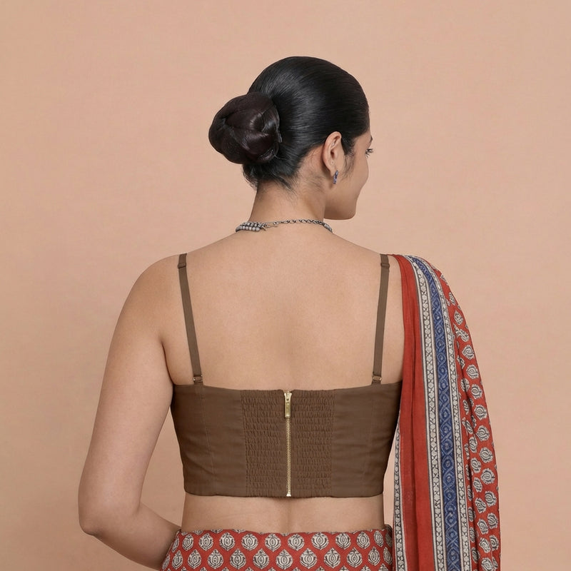 Vamika x Tyohaar | Sweetheart Neck Walnut Brown Solid Viscose Saree Blouse-Binks