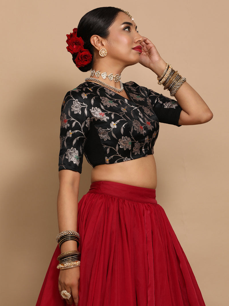 Vani x Tyohaar | Elbow Sleeves Satin Viscose Saree Blouse in Black Meenakari Fabric-Binks