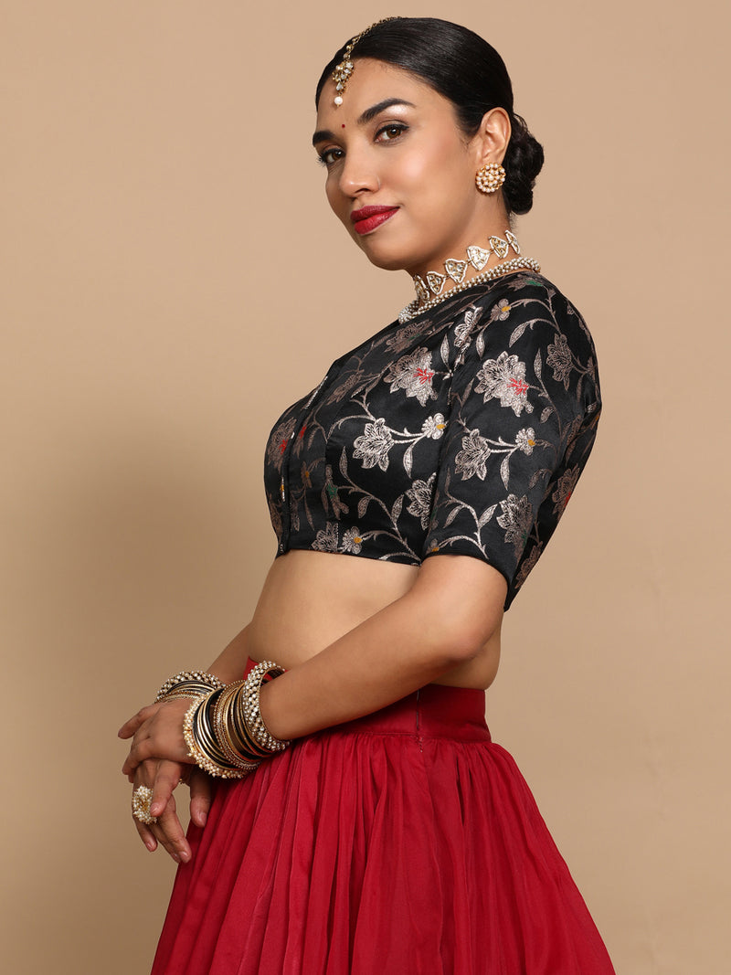 Vani x Tyohaar | Elbow Sleeves Satin Viscose Saree Blouse in Black Meenakari Fabric-Binks