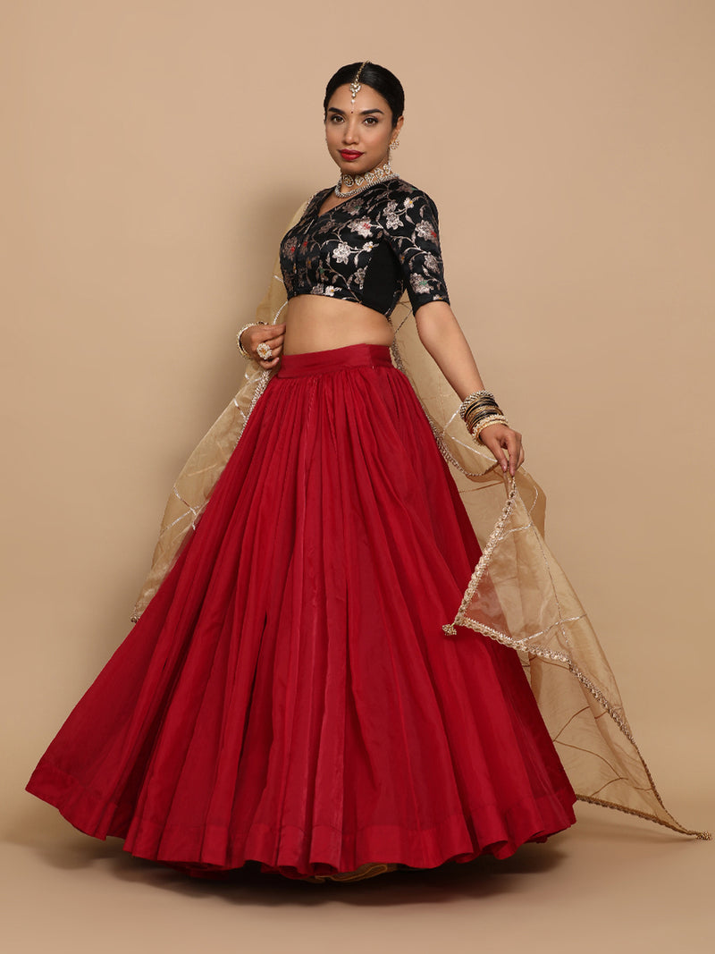 Vani x Tyohaar | Elbow Sleeves Satin Viscose Saree Blouse in Black Meenakari Fabric-Binks