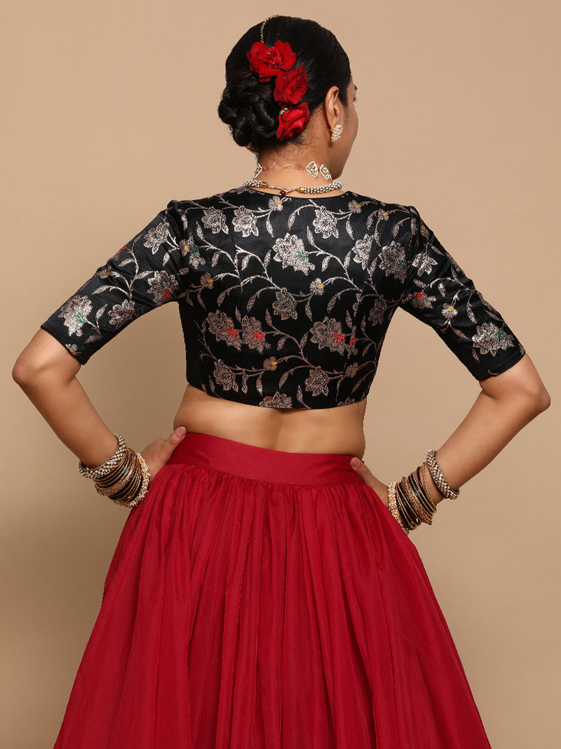 Vani x Tyohaar | Elbow Sleeves Satin Viscose Saree Blouse in Black Meenakari Fabric-Binks