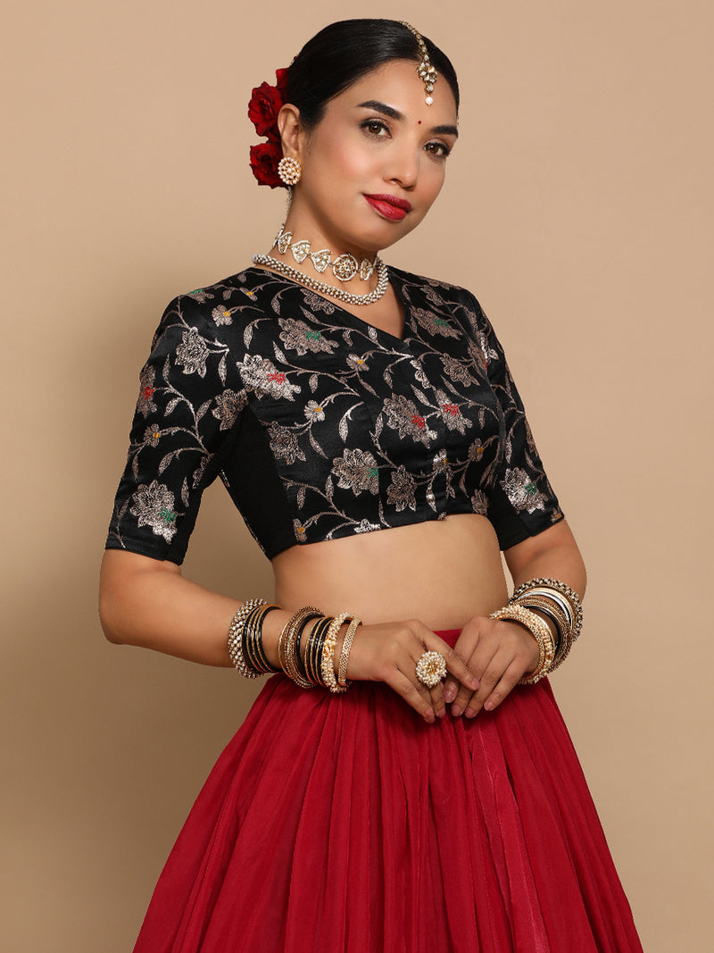 Vani x Tyohaar | Elbow Sleeves Satin Viscose Saree Blouse in Black Meenakari Fabric-Binks