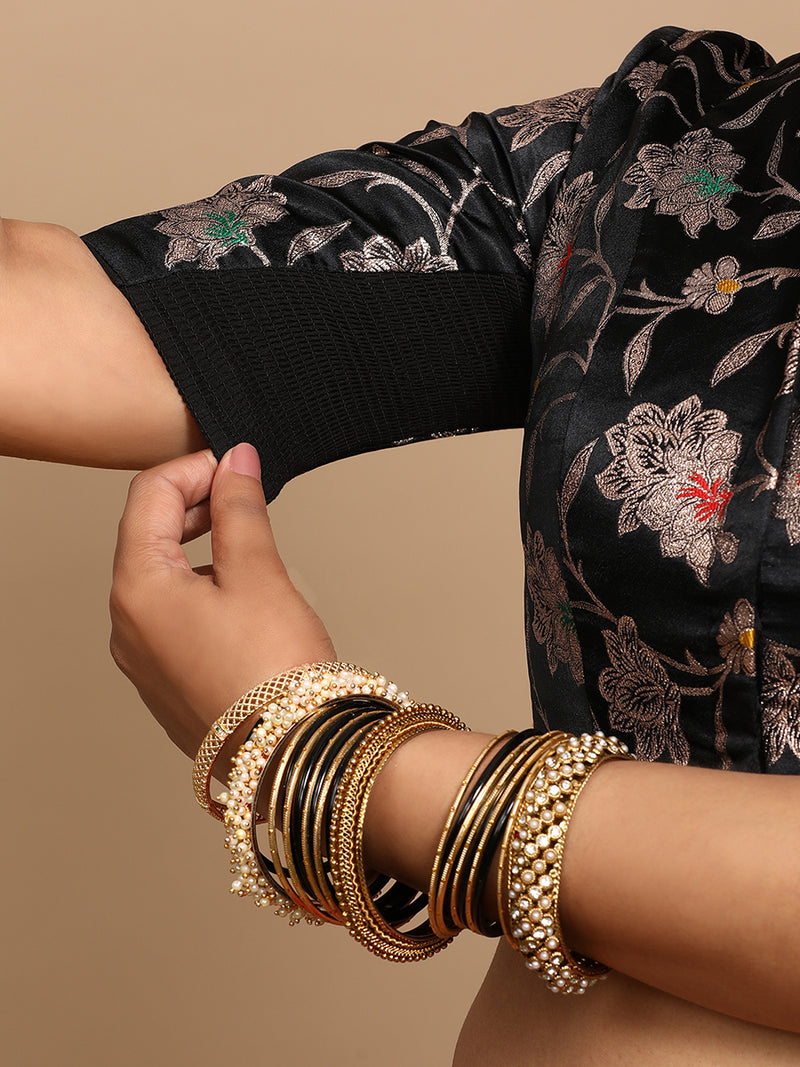 Vani x Tyohaar | Elbow Sleeves Satin Viscose Saree Blouse in Black Meenakari Fabric-Binks