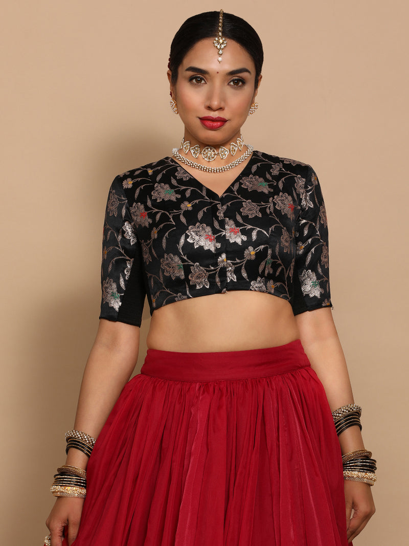 Vani x Tyohaar | Elbow Sleeves Satin Viscose Saree Blouse in Black Meenakari Fabric-Binks