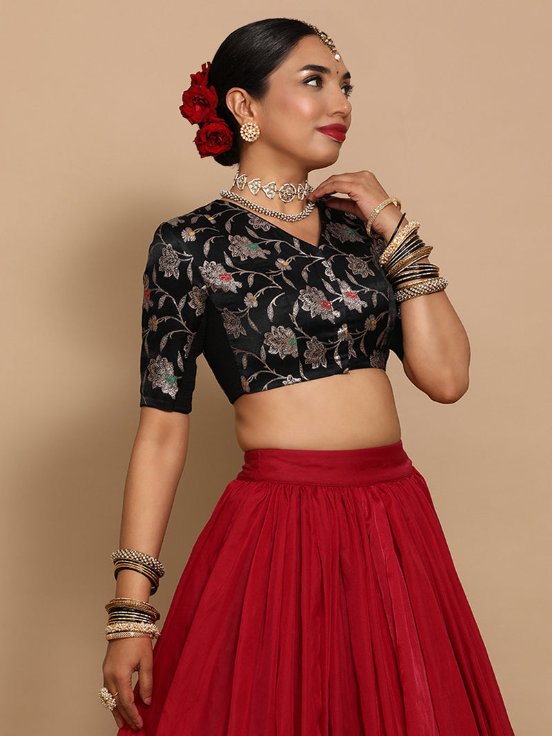 Vani x Tyohaar | Elbow Sleeves Satin Viscose Saree Blouse in Black Meenakari Fabric-Binks