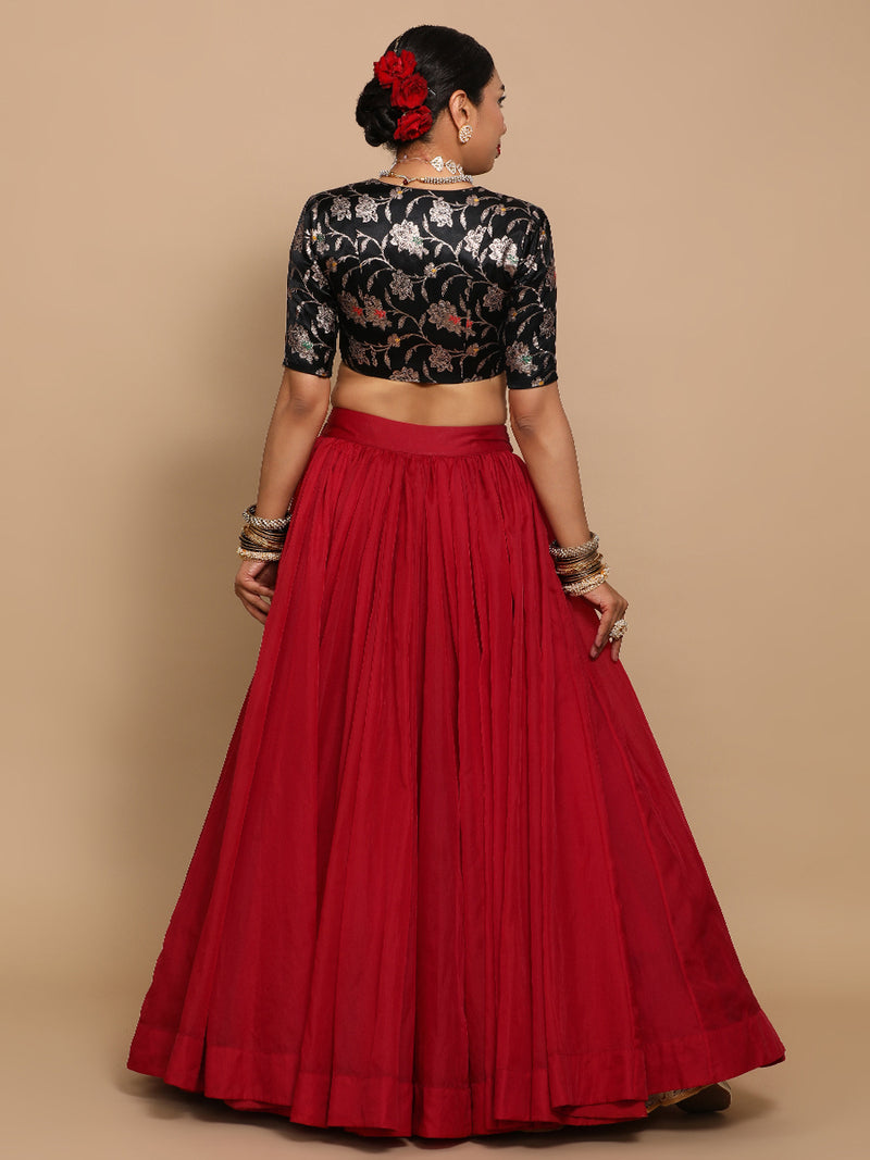 Vani x Tyohaar | Elbow Sleeves Satin Viscose Saree Blouse in Black Meenakari Fabric-Binks