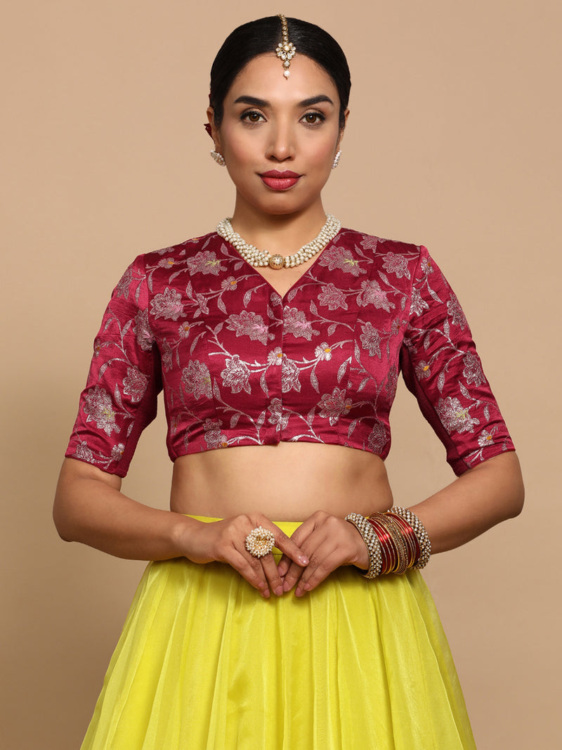 Vani x Tyohaar | Elbow Sleeves Satin Viscose Saree Blouse in Red Meenakari Fabric-Binks
