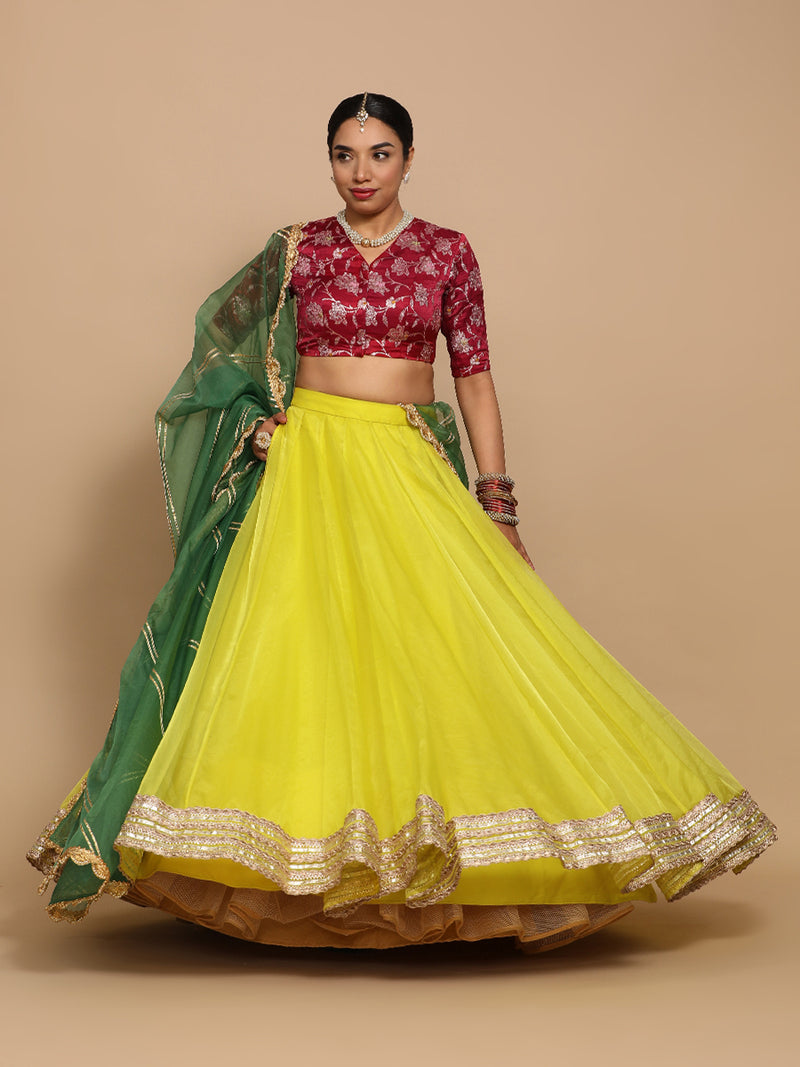 Vani x Tyohaar | Elbow Sleeves Satin Viscose Saree Blouse in Red Meenakari Fabric-Binks