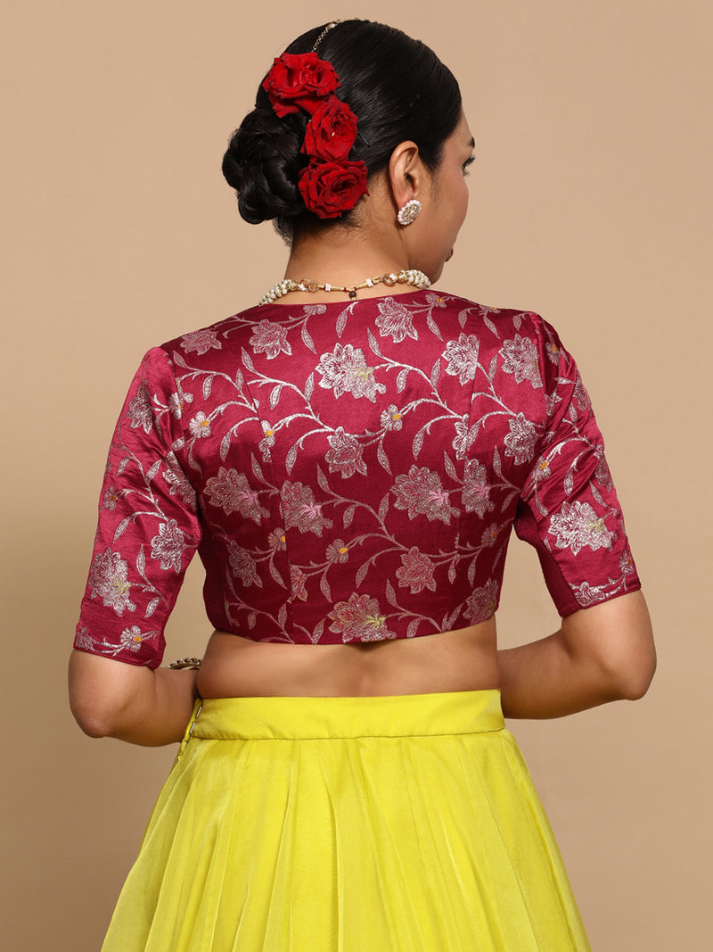 Vani x Tyohaar | Elbow Sleeves Satin Viscose Saree Blouse in Red Meenakari Fabric-Binks