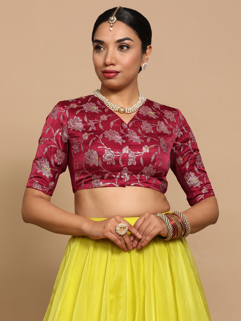 Vani x Tyohaar | Elbow Sleeves Satin Viscose Saree Blouse in Red Meenakari Fabric-Binks