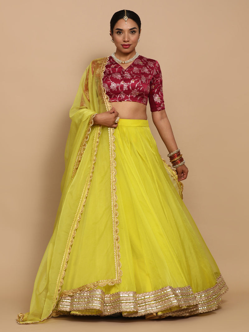 Vani x Tyohaar | Elbow Sleeves Satin Viscose Saree Blouse in Red Meenakari Fabric-Binks