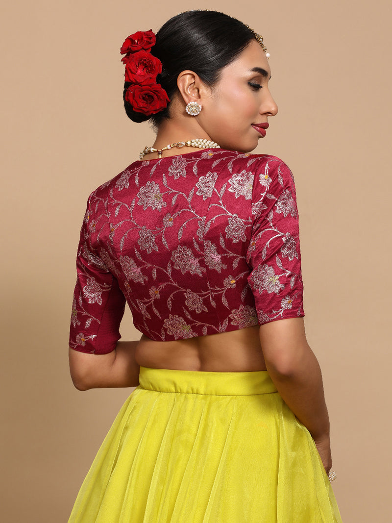 Vani x Tyohaar | Elbow Sleeves Satin Viscose Saree Blouse in Red Meenakari Fabric-Binks
