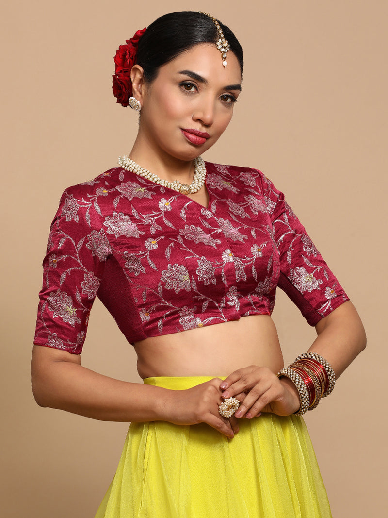 Vani x Tyohaar | Elbow Sleeves Satin Viscose Saree Blouse in Red Meenakari Fabric-Binks