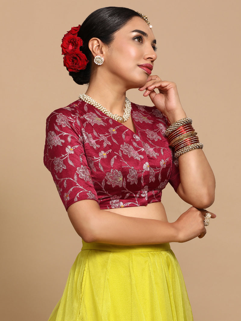 Vani x Tyohaar | Elbow Sleeves Satin Viscose Saree Blouse in Red Meenakari Fabric-Binks