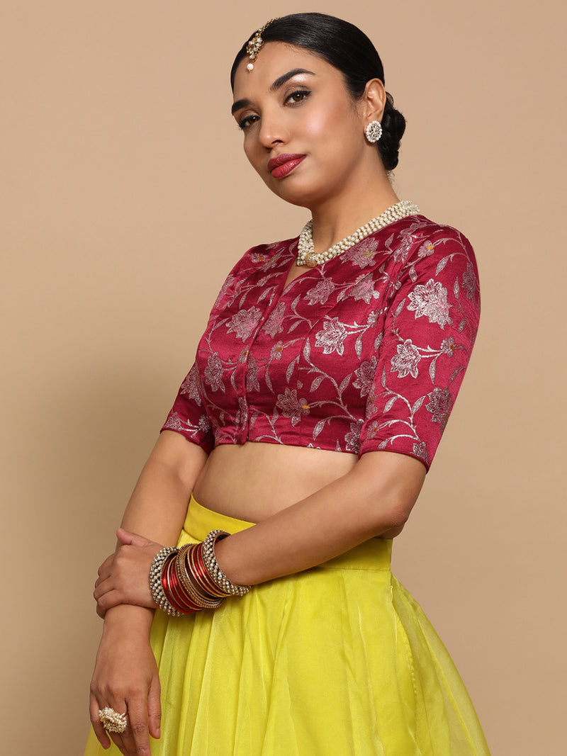 Vani x Tyohaar | Elbow Sleeves Satin Viscose Saree Blouse in Red Meenakari Fabric-Binks