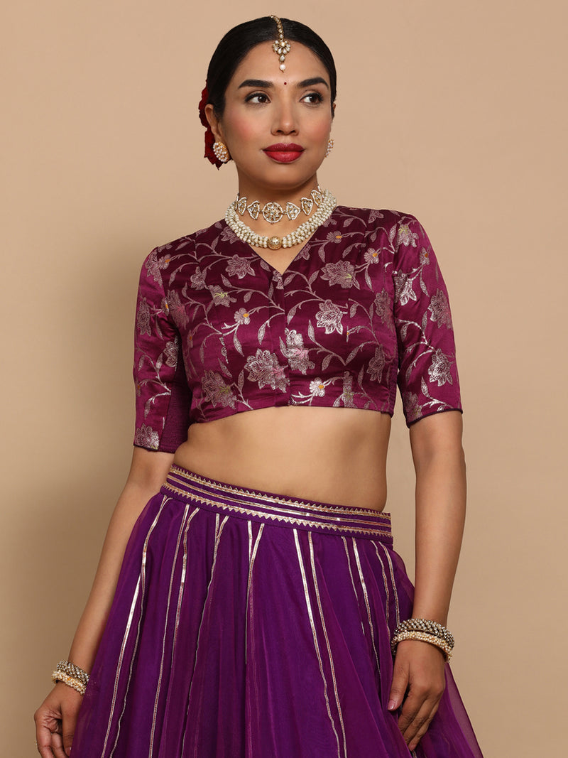 Vani x Tyohaar | Elbow Sleeves Satin Viscose Saree Blouse in Violet Meenakari Fabric-Binks